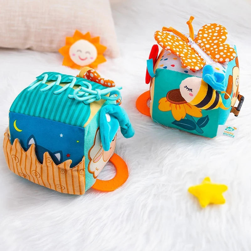 Soft Baby Activity Cube Montessori Toy Interactive Sensory Development Block with Crinkle Sound Textured Tab Early Learning Play
