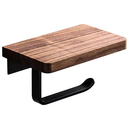 (1-Pack) Toilet Paper Holder Matte Black  with Natural Walnut Wooden Shelf Tissue Roll Holder for Bathroom Organization and Storage Single Post Toilet Tissue Holder Wall Bathroom Accessories