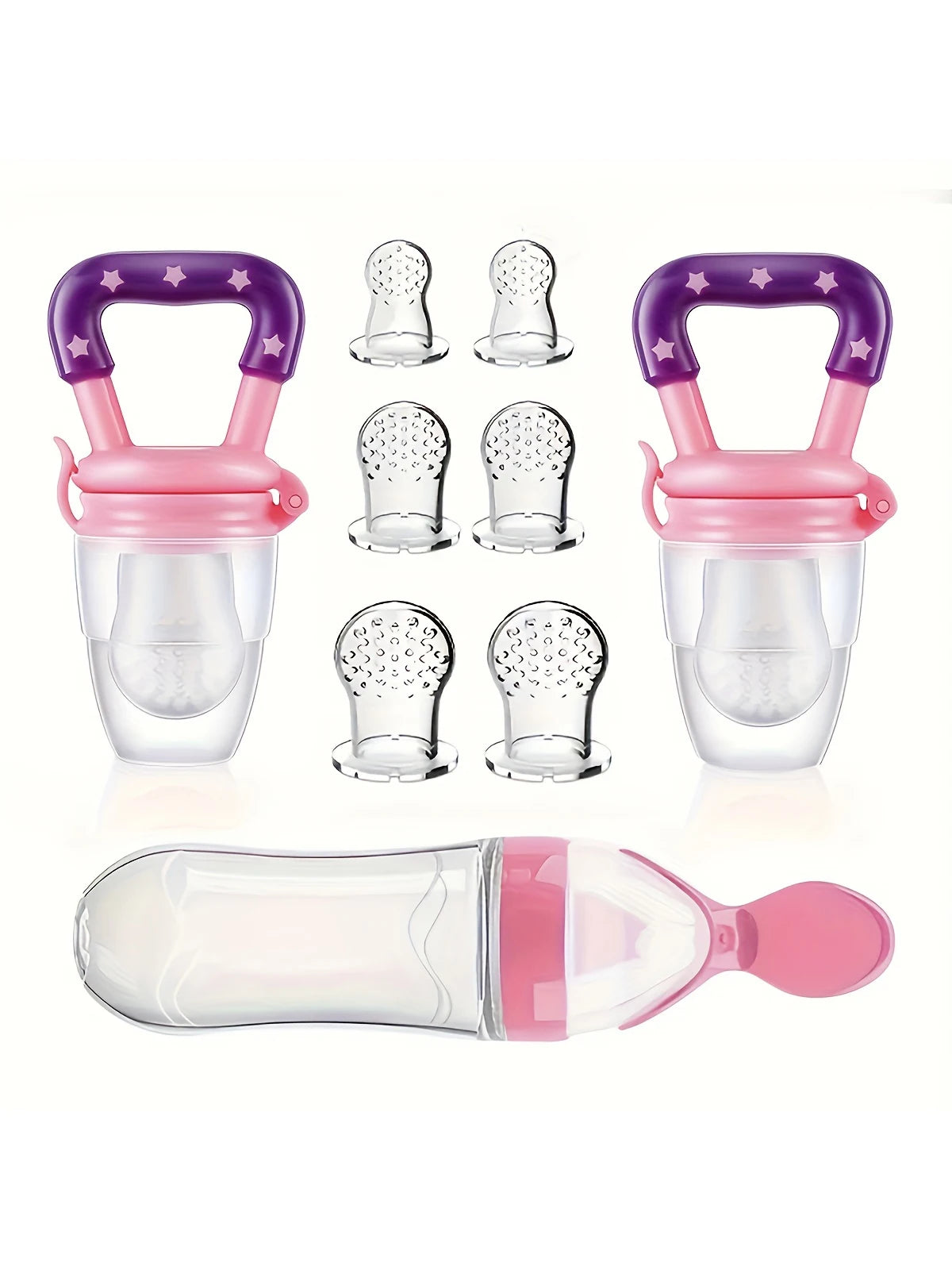 9pcs Baby Feeding Set: 1pc Silicone Squeeze Feeding Bottle With Spoon, 2pcs Fruit Feeder Pacifiers, 6pcs Mesh Pouches (2pcs S+2p