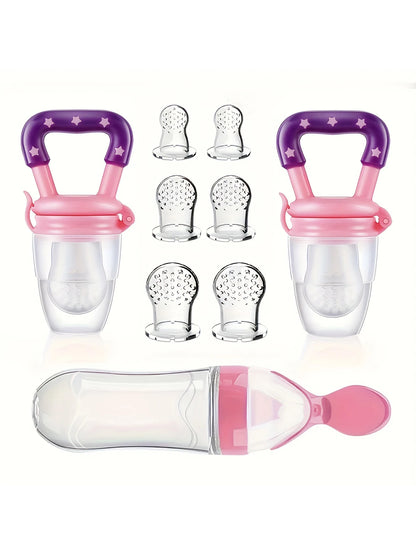 9pcs Baby Feeding Set: 1pc Silicone Squeeze Feeding Bottle With Spoon, 2pcs Fruit Feeder Pacifiers, 6pcs Mesh Pouches (2pcs S+2p