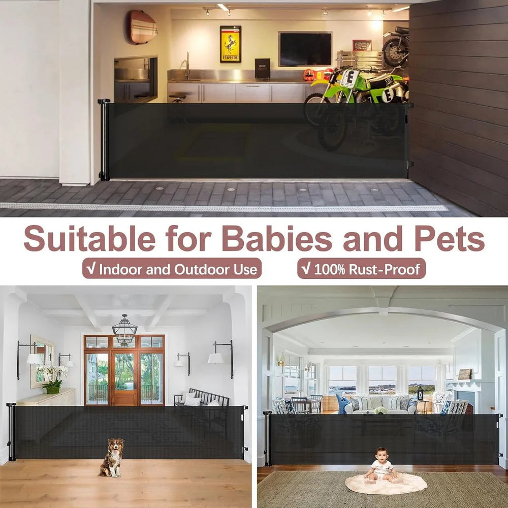 120inch Extra Wide Baby Safe Doorways Retractable Baby Gate Baby Safety Gate For Stairs Doorway Indoor Metal Dog Gate Balck Grey
