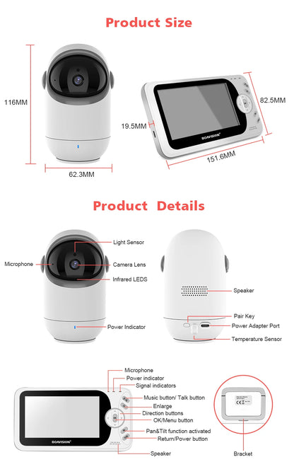 4.3 Inch Video Baby Monitor With Pan Tilt Camera 2.4G Wireless Two Way Audio Night Vision Security Camera Babysitter VB801