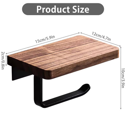 (1-Pack) Toilet Paper Holder Matte Black  with Natural Walnut Wooden Shelf Tissue Roll Holder for Bathroom Organization and Storage Single Post Toilet Tissue Holder Wall Bathroom Accessories