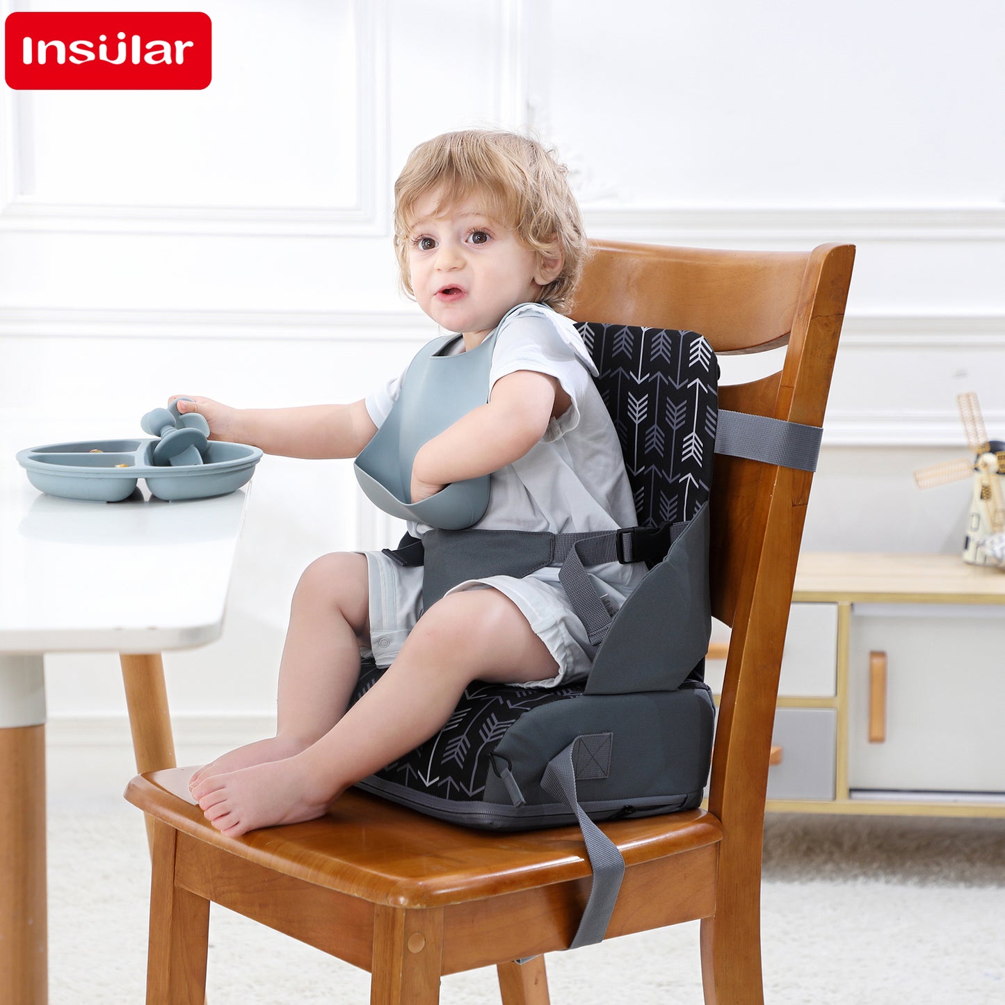 Toddler Booster Seat for Dining Table, Non-Slip Kitchen Chair Booster Seat with Backrest and Adjustable Straps, Portable PU Waterproof Travel Baby Booster Increasing Cushion