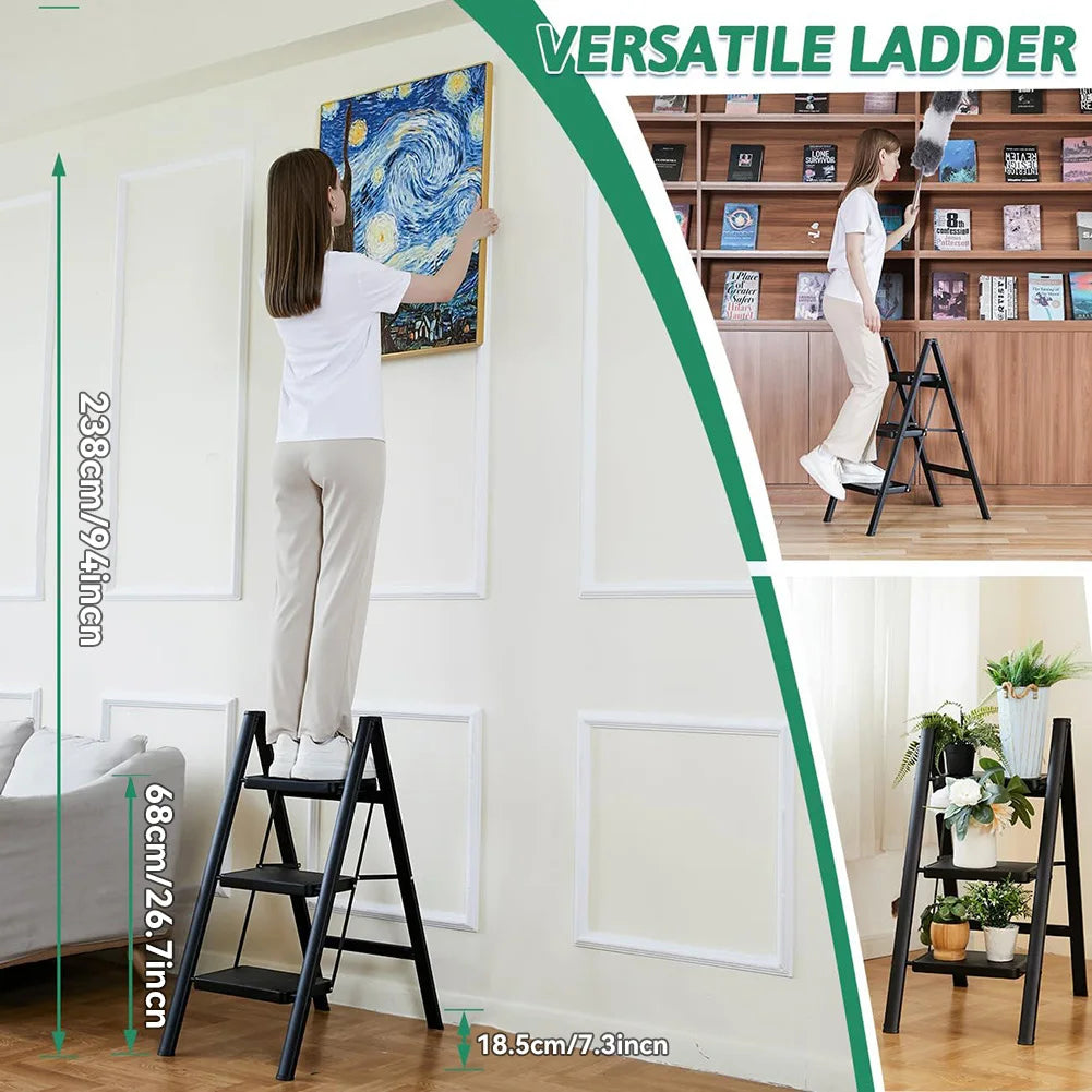 2/3 Step Foldable Step Ladder with Handgrip, 330 lbs Capacity, Anti-Slip Pedal, Lightweight & Portable for Home, Kitchen, Office, Garage