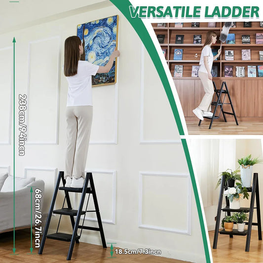 2/3 Step Foldable Step Ladder with Handgrip, 330 lbs Capacity, Anti-Slip Pedal, Lightweight & Portable for Home, Kitchen, Office, Garage
