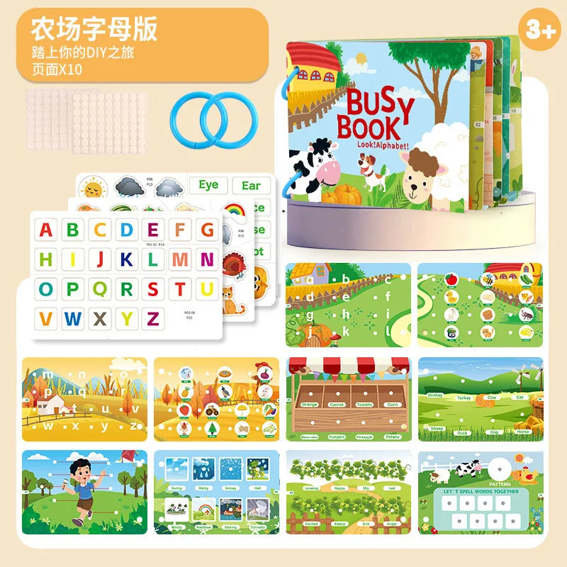 Busy Book for Toddlers Ages 2-6 Quiet Book Preschool Learning Activity Reusable Sticker & Velcro Matching Montessori Fine Mot