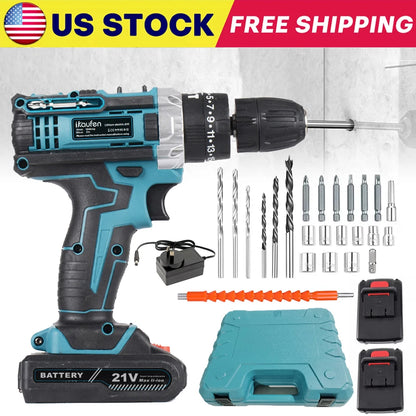 Cordless Drill: Multifunctional 21V rechargeable impact drill lithium battery cross-border flashlight gun drill electric screwdriver electric dr