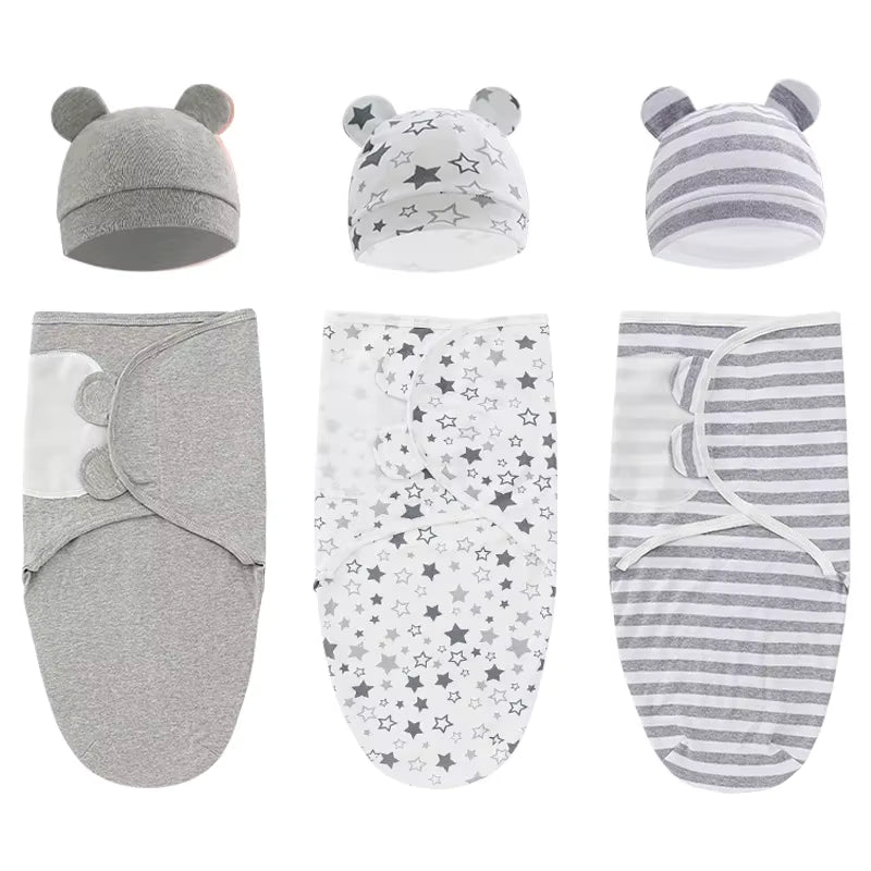 Essentials Easy Swaddle Wrap Quick Change, Snug Cotton Knit Baby Wrap Swaddle Blanket with hat for Newborns 0-6 Months