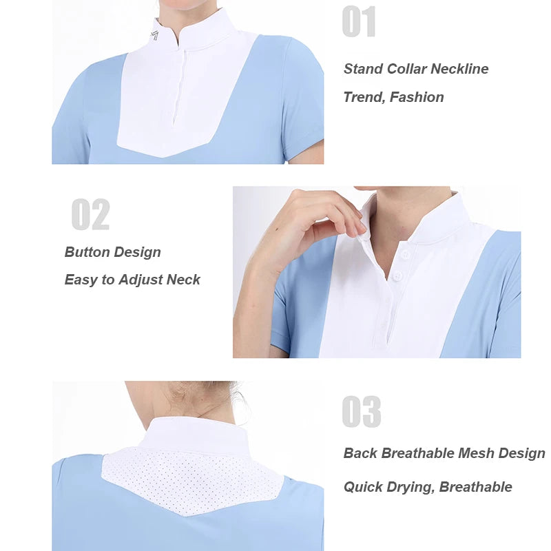 M LOGO Equestrian t-Shirts Short Sleeve Tops Horse Riding Clothing Women Button Training Rider Blouse Competition Show Top