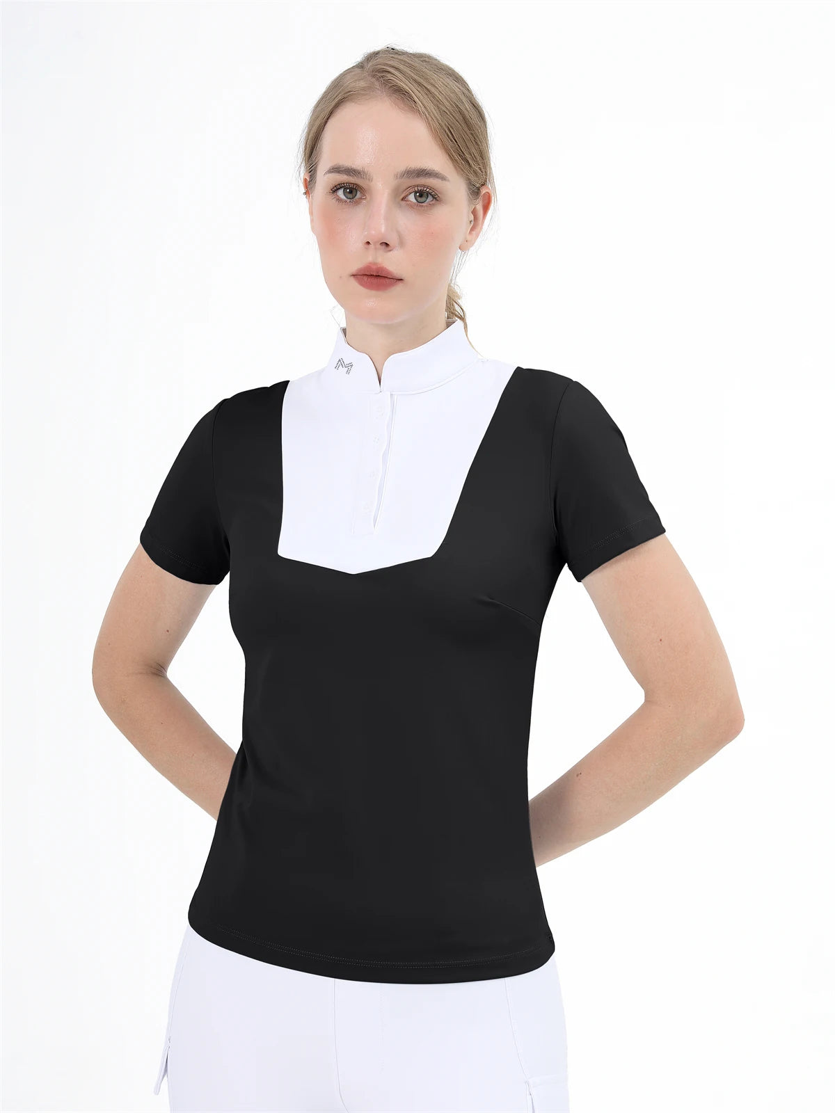 M LOGO Equestrian t-Shirts Short Sleeve Tops Horse Riding Clothing Women Button Training Rider Blouse Competition Show Top