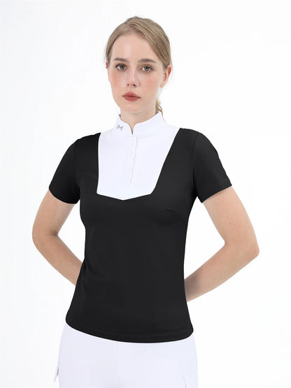 M LOGO Equestrian t-Shirts Short Sleeve Tops Horse Riding Clothing Women Button Training Rider Blouse Competition Show Top