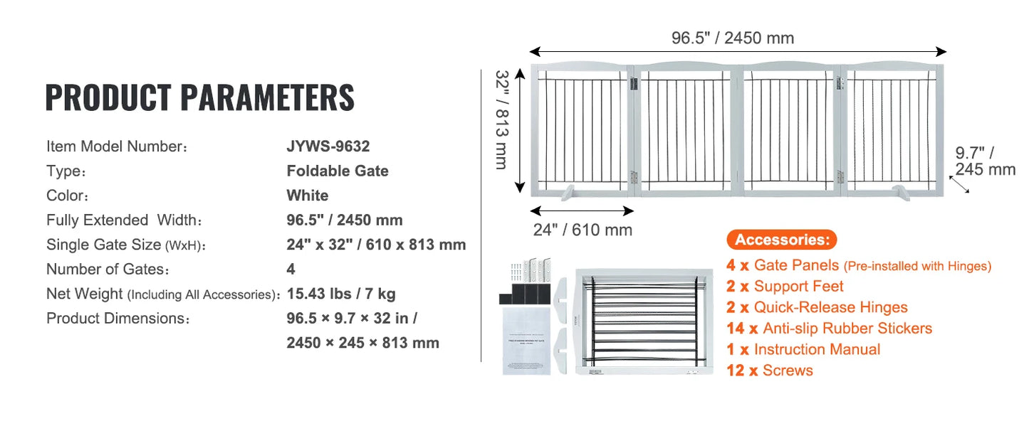 White Metal Dog Gate for Small Dogs - Short Freestanding Puppy Gate with Retractable Sliding Rail, No Installation, Indoor/Outdoor Use, Foldable & Portable Pet Barrier