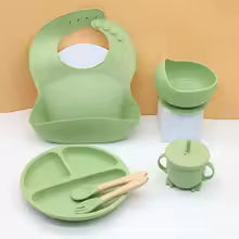 6pcs food grade silicone tableware set, bibs, bowls, plates, water cups, spoons, forks, baby utensils