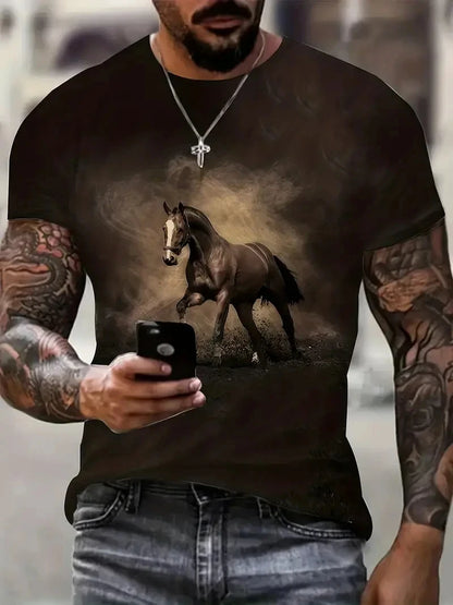 Black White Horse Graphic 3d Full Print T-shirt For Men Fashion Short Sleeve Crew Neck Tshirt Casual Summer Oversized Unisex Top