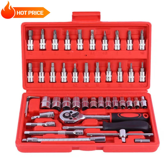 46pcs/Set Socket Wrench Diy Repair Tool Kit Ratchet Screwdriver for Car Repair Hardware Toolbox for Auto Repairing and Household