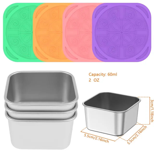 4Pcs 2/6oz Stainless Steel Snack Container Sauce Container with Silicone Lids Leakproof Portable Stackable Dressing Food Storage