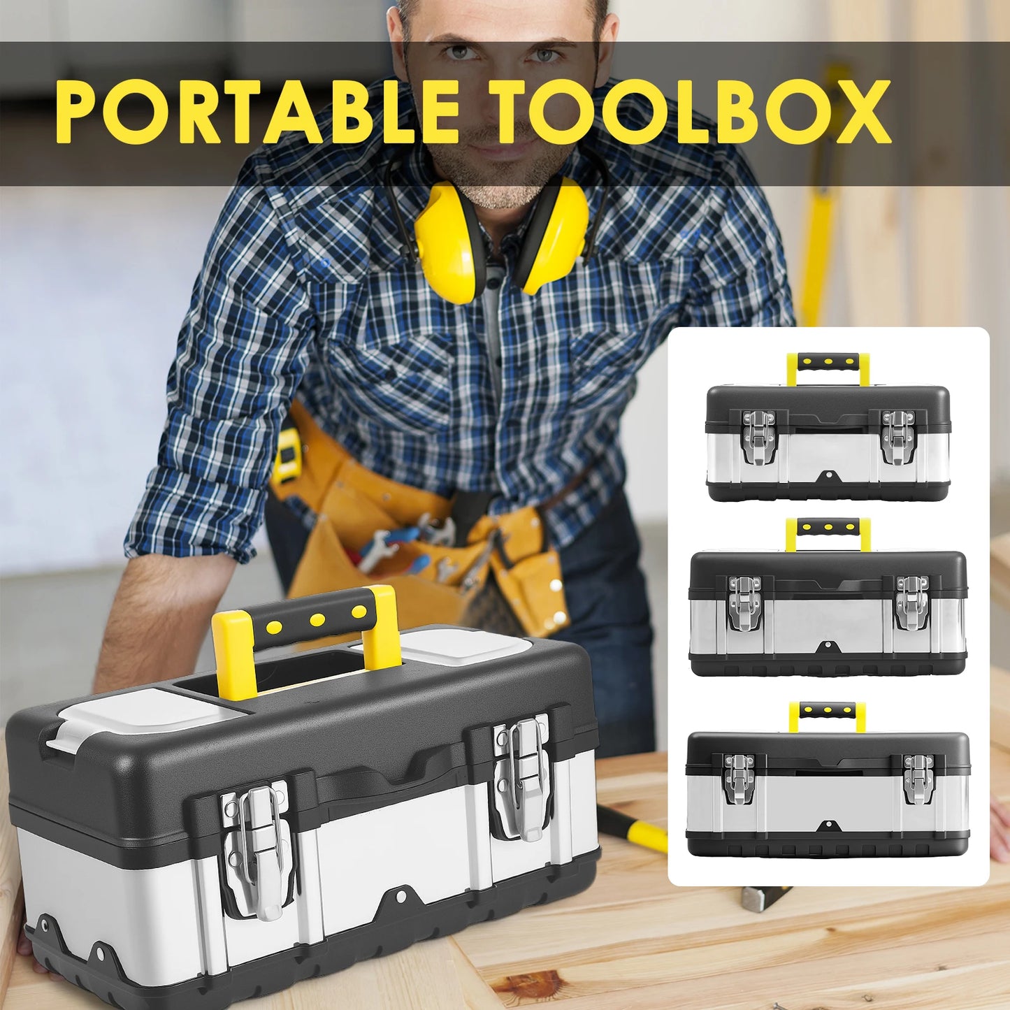 Tool Box, Deep, Long Handle, Extra Large Design, Fixed Divider for Tool Organization, Water and Debris Resistant