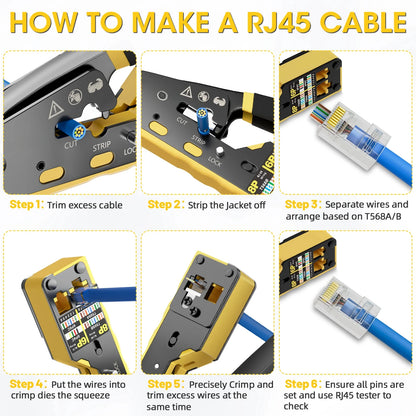 RJ45 Crimp Tool Kit All-in-One Ethernet Crimper Cat7 Cat6 Cat5 Crimping Tool with Network Cable Tester, 50-Pack Cat6 RJ45 Pass Through Connector, 50-Pack Connector Boots
