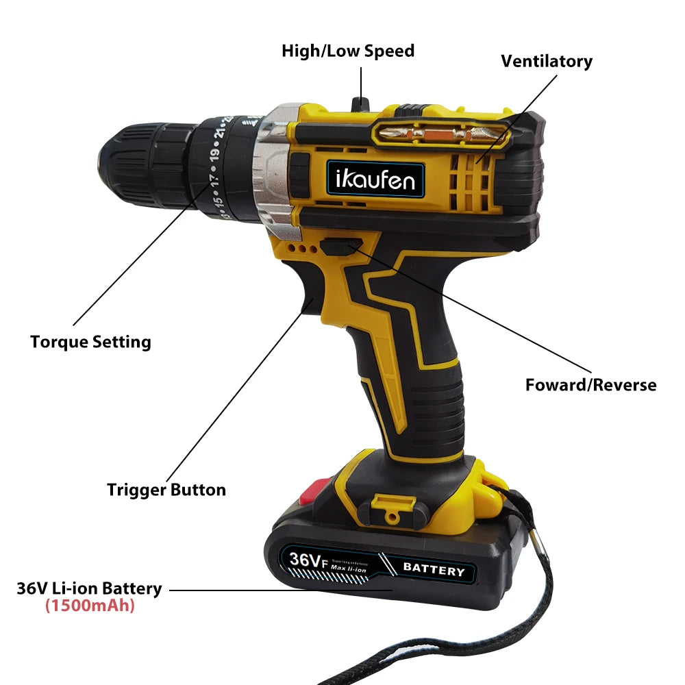 Cordless Drill: Multifunctional 21V rechargeable impact drill lithium battery cross-border flashlight gun drill electric screwdriver electric dr