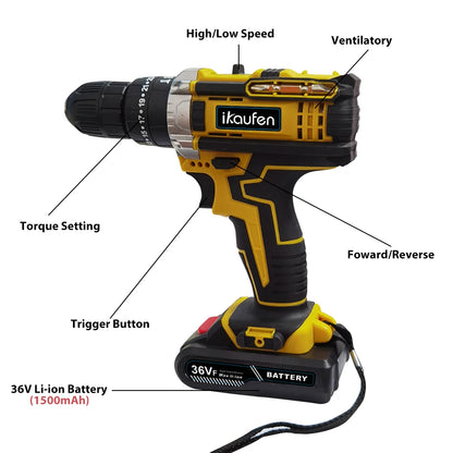 Cordless Drill: Multifunctional 21V rechargeable impact drill lithium battery cross-border flashlight gun drill electric screwdriver electric dr