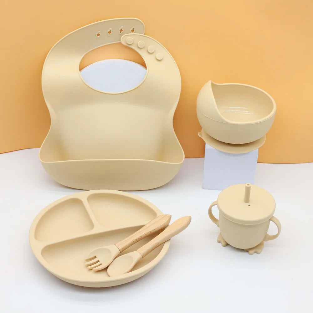 6pcs food grade silicone tableware set, bibs, bowls, plates, water cups, spoons, forks, baby utensils