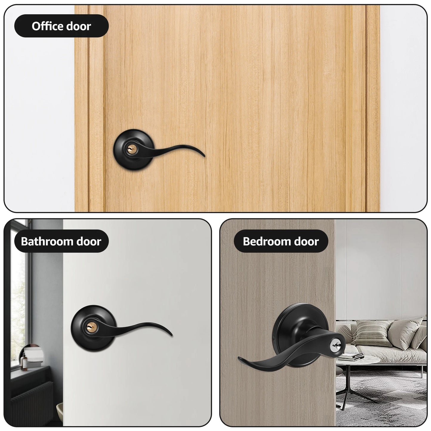 Wave Style Keyed Alike Entry Levers, Reversible Keyed Door Handles with Lock and Same Keys, Exterior Interior Entry Locks