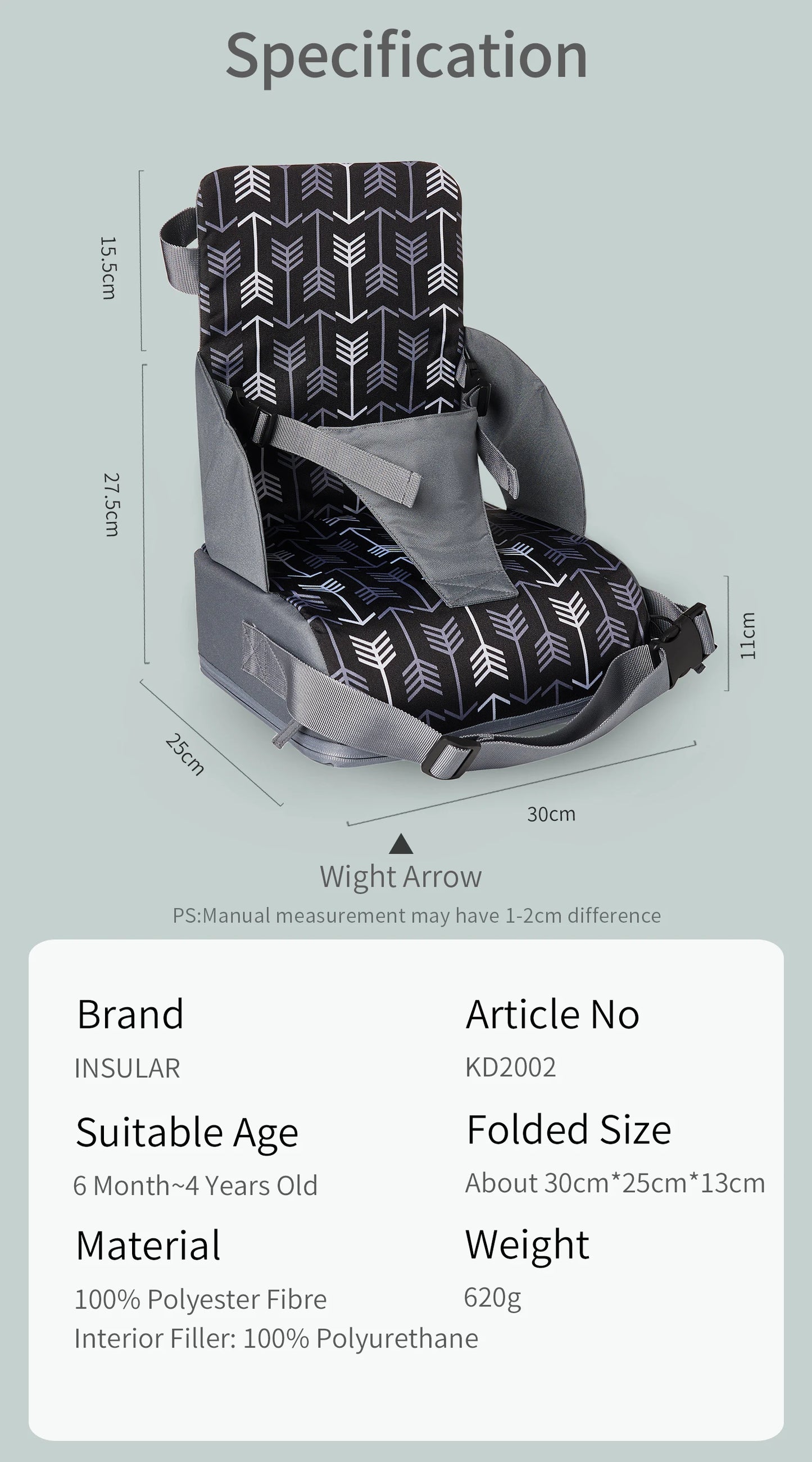 Toddler Booster Seat for Dining Table, Non-Slip Kitchen Chair Booster Seat with Backrest and Adjustable Straps, Portable PU Waterproof Travel Baby Booster Increasing Cushion