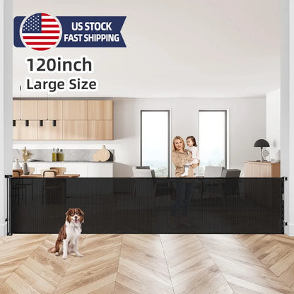 120inch Extra Wide Baby Safe Doorways Retractable Baby Gate Baby Safety Gate For Stairs Doorway Indoor Metal Dog Gate Balck Grey
