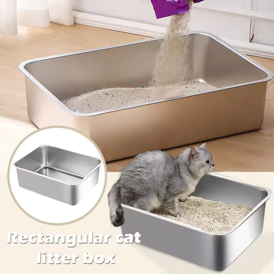 Stainless Steel Cat Litter Box - Large Metal High-Sided Pan for Cats, Pets, Non-Stick, Odor-Free, Easy to Clean, Splash-Proof