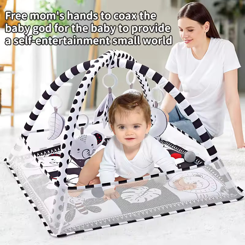 3-in-1 Plush Baby Play Gym, Activity Mat with Convertible Gym and Pillow, 5 Sensory Toys, Play Center from Newborn to Toddler
