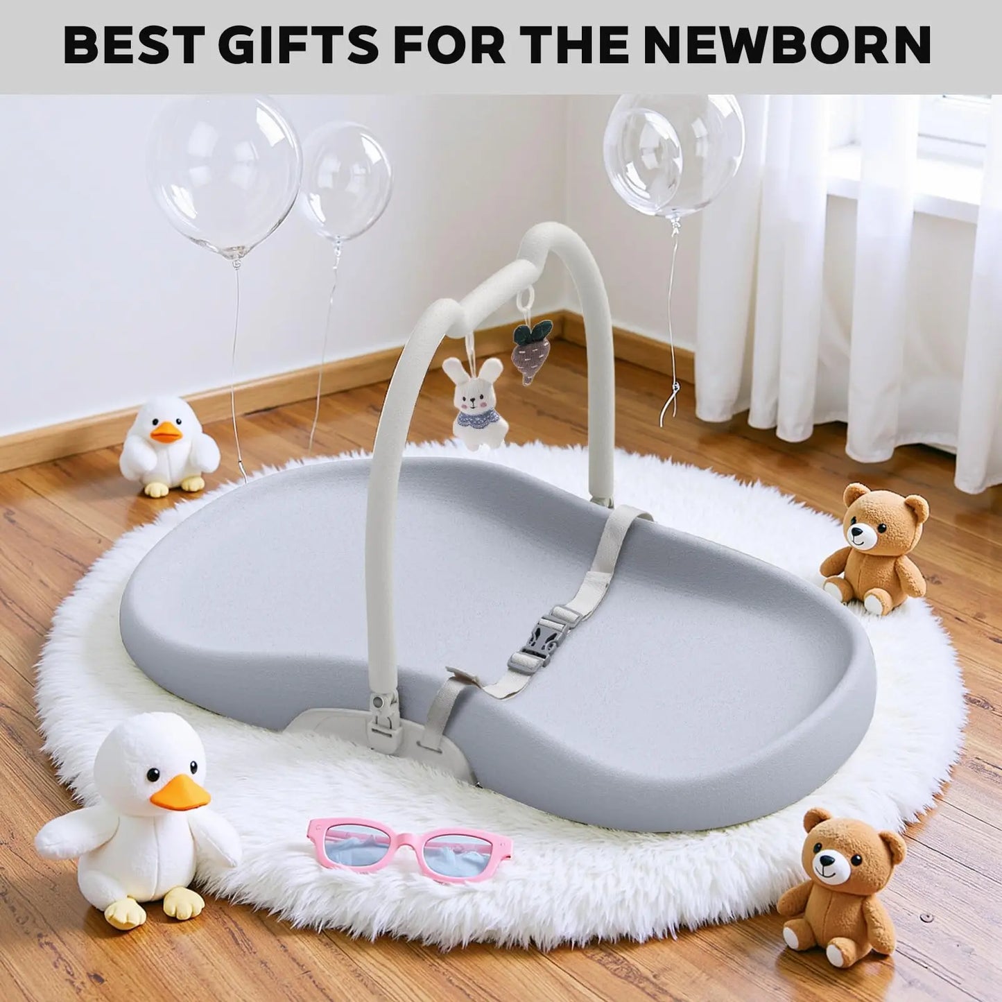 Baby Changing Mat with Safety Harness and Cat Ear Toys Shelf, Anti Roll Wedge Baby Changing Pad, Easy Wipe Clean Waterproof
