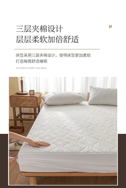 2025 new simple solid color washed cotton waterproof padded fitted sheet, No pillowcase, household mattress protective cover