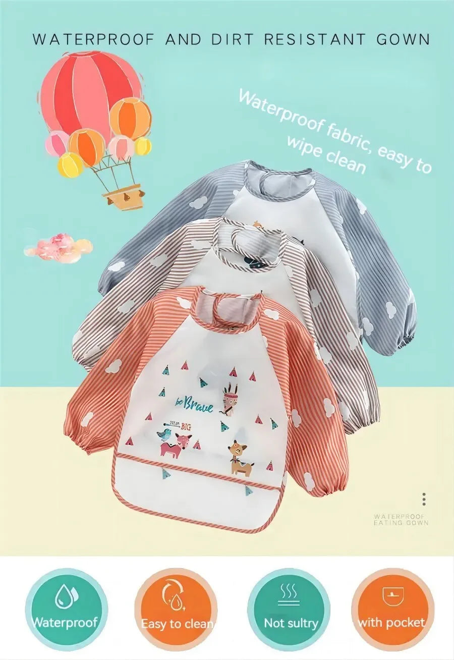 For1-3Year Baby Long Sleeve Scarf Waterproof Toddler Art Smock Feeding Bib Apron Pocket Infant Boys Girls Burp Cloth Banana Bibs
