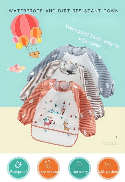 For1-3Year Baby Long Sleeve Scarf Waterproof Toddler Art Smock Feeding Bib Apron Pocket Infant Boys Girls Burp Cloth Banana Bibs