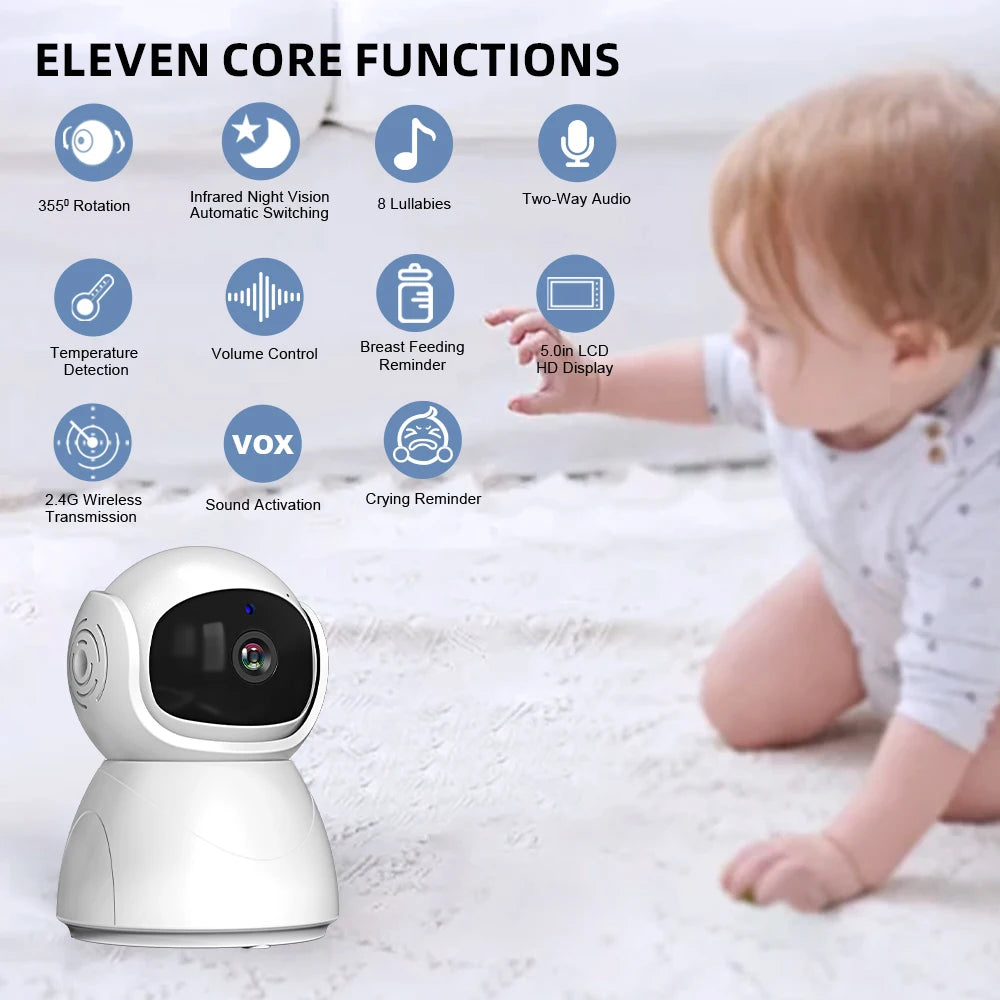 5" 720P HD IPS Screen Video Baby Monitor Pan Tilt 4X Zoom Camera Babysitter 2 Way Audio Night Vision 3500mAh Battery Lullaby VOX