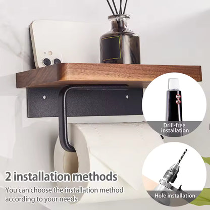 (1-Pack) Toilet Paper Holder Matte Black  with Natural Walnut Wooden Shelf Tissue Roll Holder for Bathroom Organization and Storage Single Post Toilet Tissue Holder Wall Bathroom Accessories