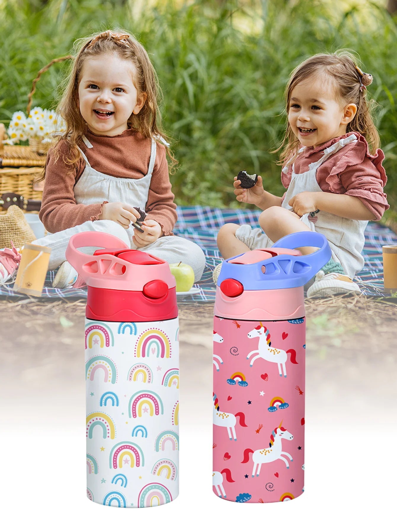Kids Insulated Water Bottle with Straw Lid & Handle Stainless Steel Metal Tumbler Leak Proof Double Wall Vacuum Kids Cup Toddler Water Bottle for School Boys Girls