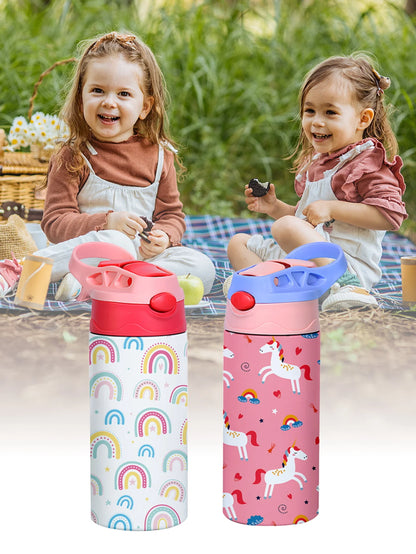 Kids Insulated Water Bottle with Straw Lid & Handle Stainless Steel Metal Tumbler Leak Proof Double Wall Vacuum Kids Cup Toddler Water Bottle for School Boys Girls