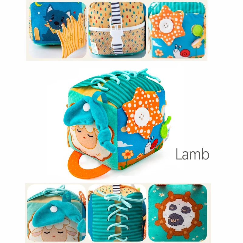 Soft Baby Activity Cube Montessori Toy Interactive Sensory Development Block with Crinkle Sound Textured Tab Early Learning Play