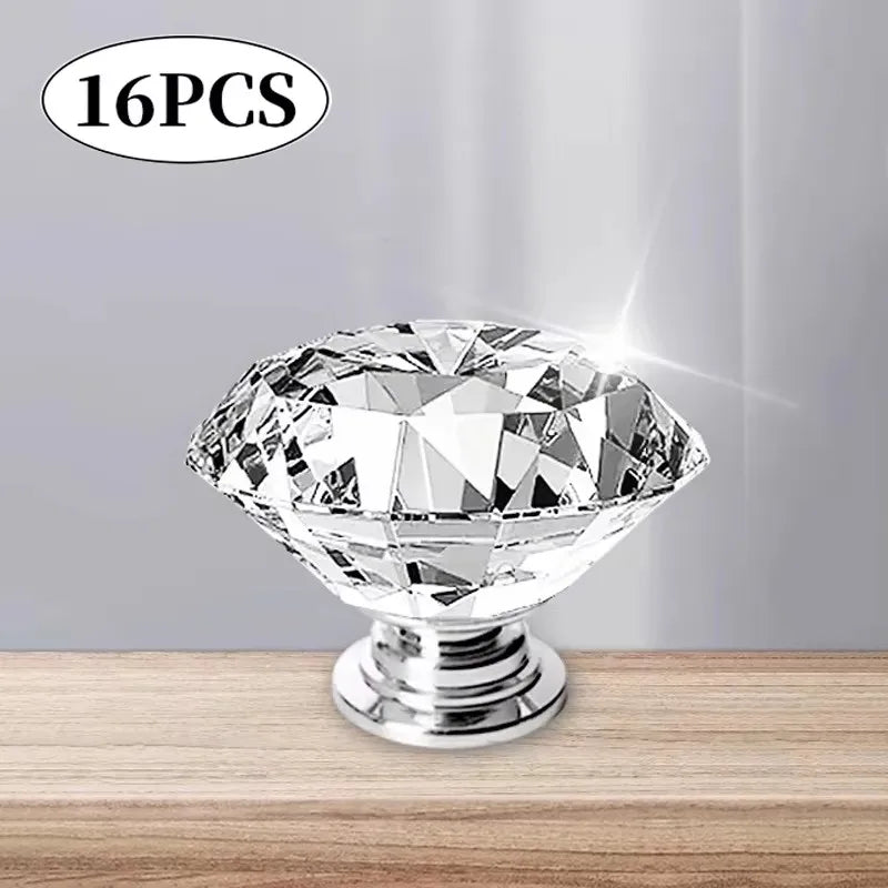 Passage Glass Door Knobs Interior, 16Pcs Diamond Furniture Door Knobs Crystal Glass Pot Cover Handles Cabinet Pull Decorative for Dresser Cupboard Wardrobe