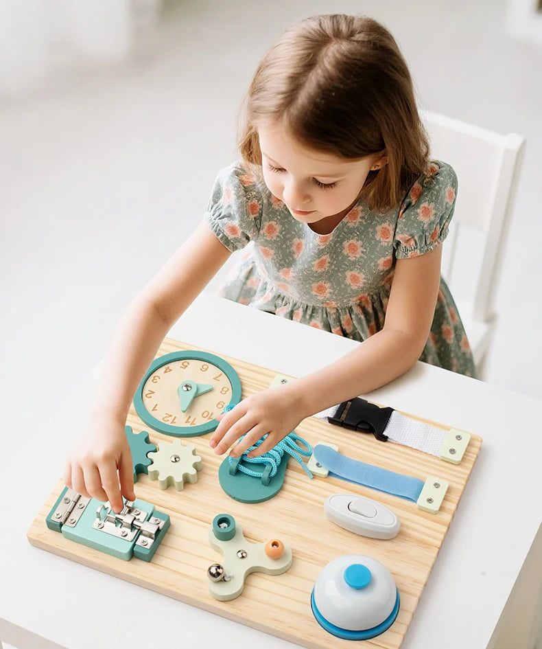 Montessori Busy Board for Toddlers Wooden Activity Sensory Board for Fine Motor Skills Travel Educational Learning Toys for Kid