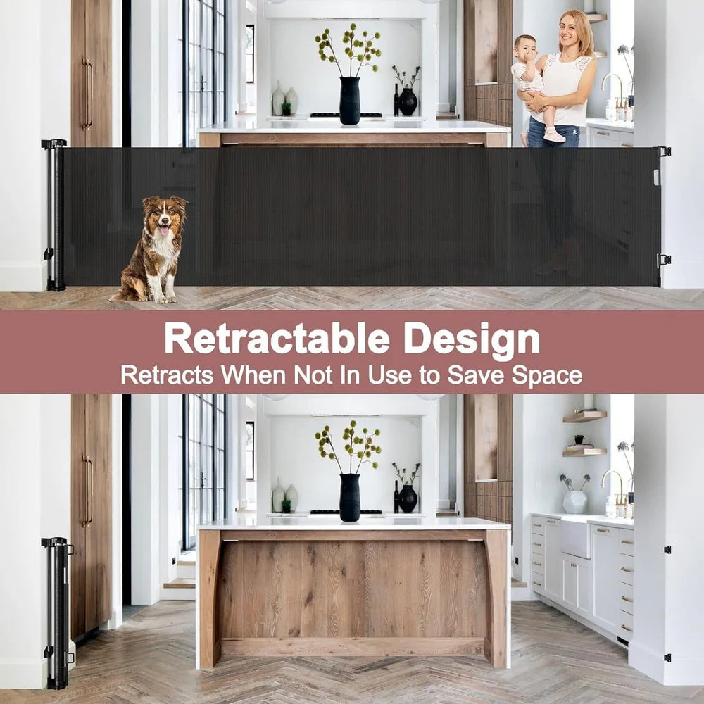 120inch Extra Wide Baby Safe Doorways Retractable Baby Gate Baby Safety Gate For Stairs Doorway Indoor Metal Dog Gate Balck Grey