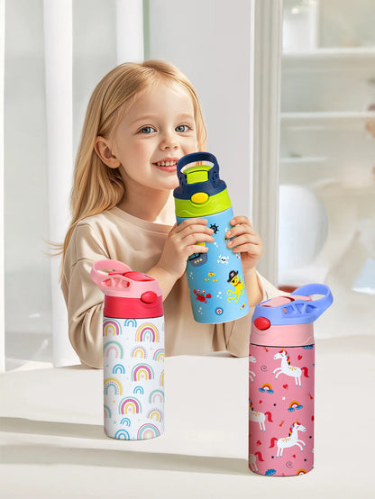 Kids Insulated Water Bottle with Straw Lid & Handle Stainless Steel Metal Tumbler Leak Proof Double Wall Vacuum Kids Cup Toddler Water Bottle for School Boys Girls