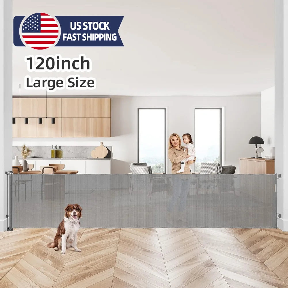 120inch Extra Wide Baby Safe Doorways Retractable Baby Gate Baby Safety Gate For Stairs Doorway Indoor Metal Dog Gate Balck Grey
