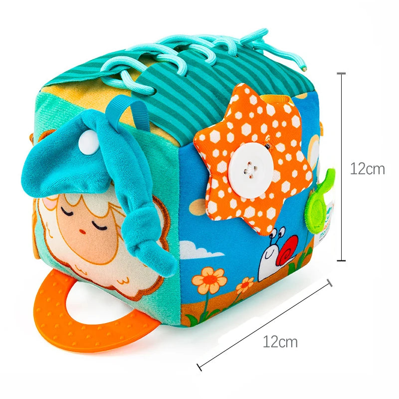 Soft Baby Activity Cube Montessori Toy Interactive Sensory Development Block with Crinkle Sound Textured Tab Early Learning Play