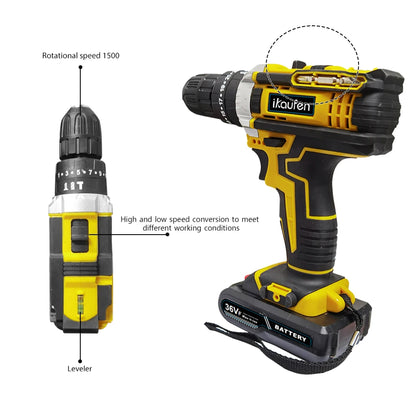Cordless Drill: Multifunctional 21V rechargeable impact drill lithium battery cross-border flashlight gun drill electric screwdriver electric dr