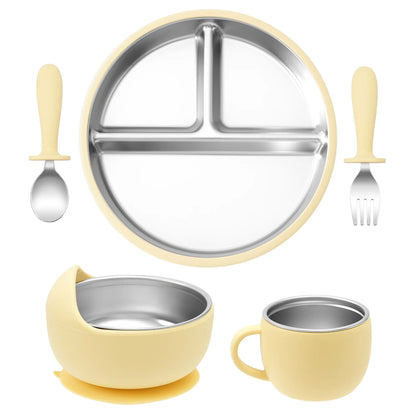 5PCS Baby Feeding Set | Stainless Steel Suction Plates and Bowls with Silicone Fork and Spoon Utensils | Baby Led Weaning Tableware for Toddlers & Kids