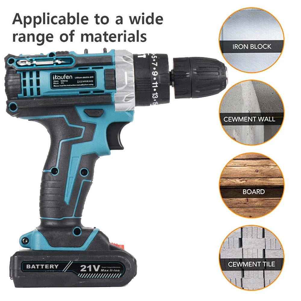 Cordless Drill: Multifunctional 21V rechargeable impact drill lithium battery cross-border flashlight gun drill electric screwdriver electric dr