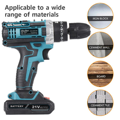 Cordless Drill: Multifunctional 21V rechargeable impact drill lithium battery cross-border flashlight gun drill electric screwdriver electric dr